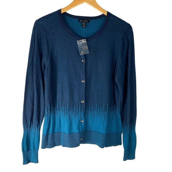 H by Halston Ombre Cardigan Sweater Women M Teal Blue Ribbed Career Preppy NWOT - Picture 1 of 7